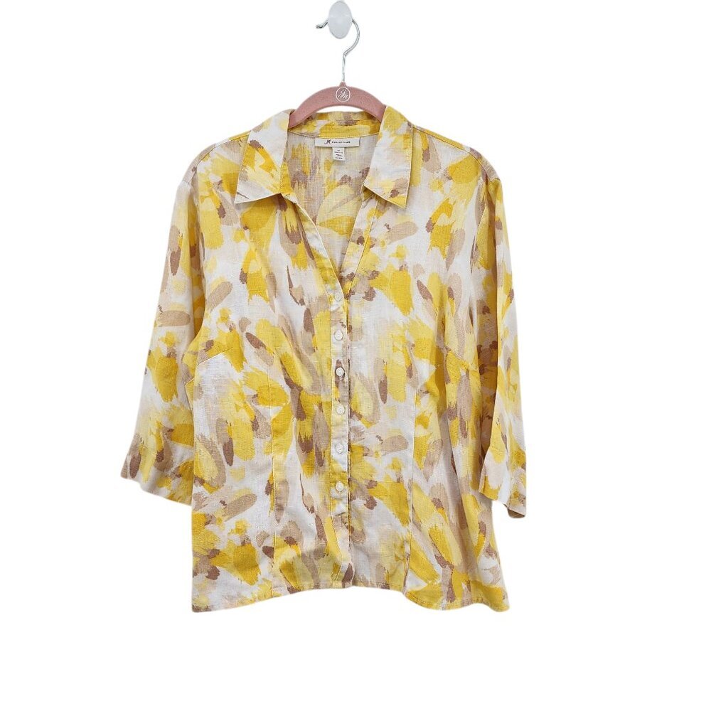 JM Collection Women's 100% Linen Button Down Shirt Artsy Sz 12